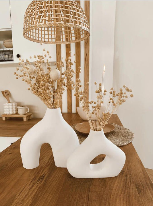 Boho Sculptural Ceramic Vase Set in Brushed White