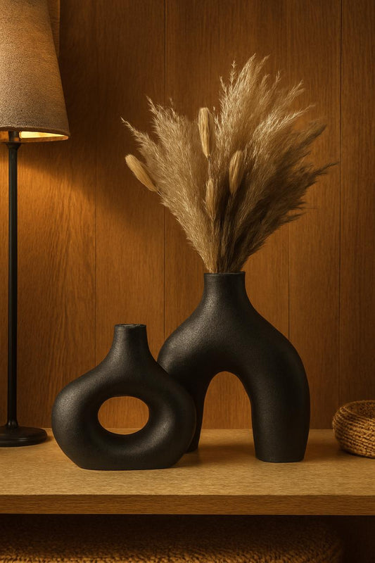 Trendy Boho Sculptural Ceramic Vase Set in Matte Black