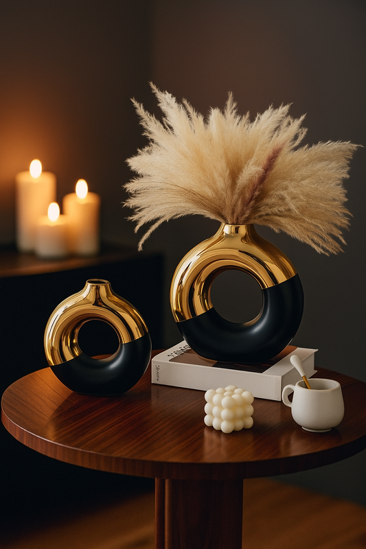 Dual-Texture Premium Donut Vase - Matte Black & Gold