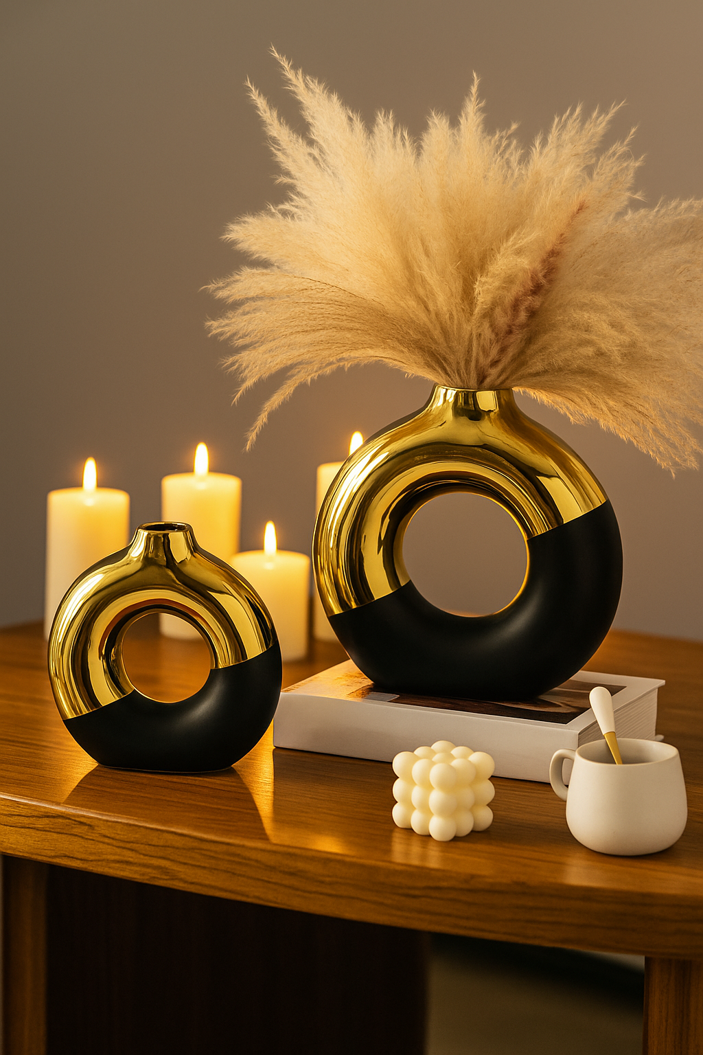 Dual-Texture Premium Donut Vase - Matte Black & Gold