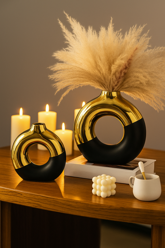Dual-Texture Premium Donut Vase - Matte Black & Gold
