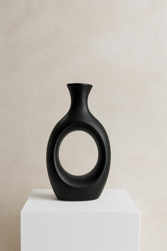 Halo Ceramic Vase - Contemporary Black Donut Vase