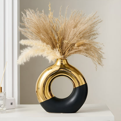 Dual-Texture Premium Donut Vase - Matte Black & Gold