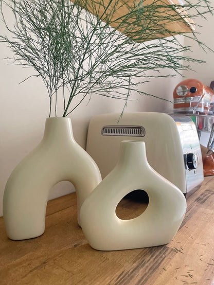 Boho Sculptural Ceramic Vase Set in Brushed White