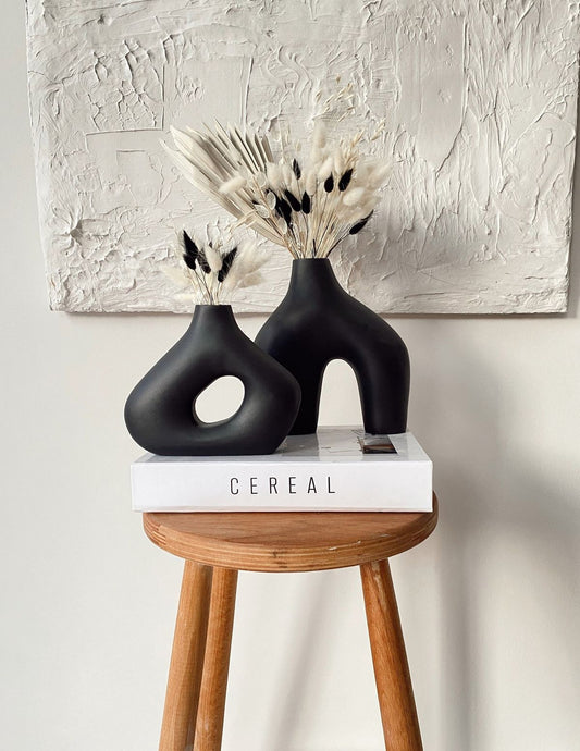 Trendy Boho Sculptural Ceramic Vase Set in Matte Black