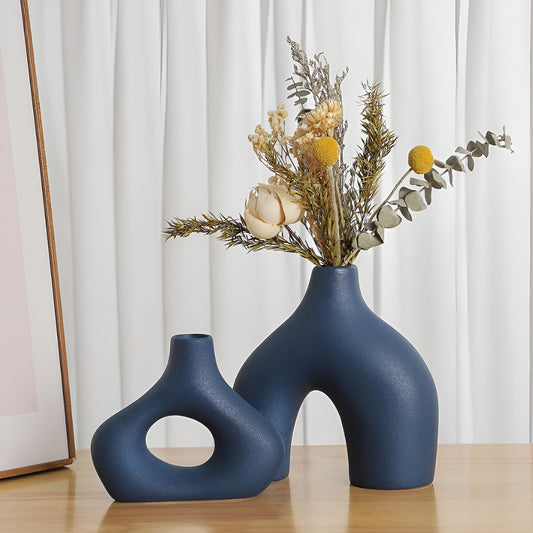 Boho Sculptural Ceramic Vase Set in Electric Blue