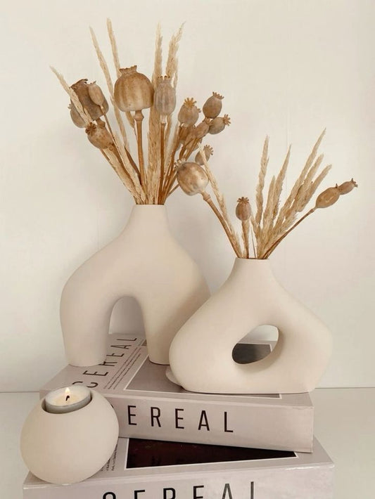 Boho Sculptural Ceramic Vase Set in Brushed White