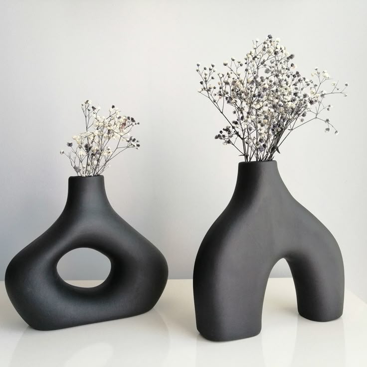 Trendy Boho Sculptural Ceramic Vase Set in Matte Black
